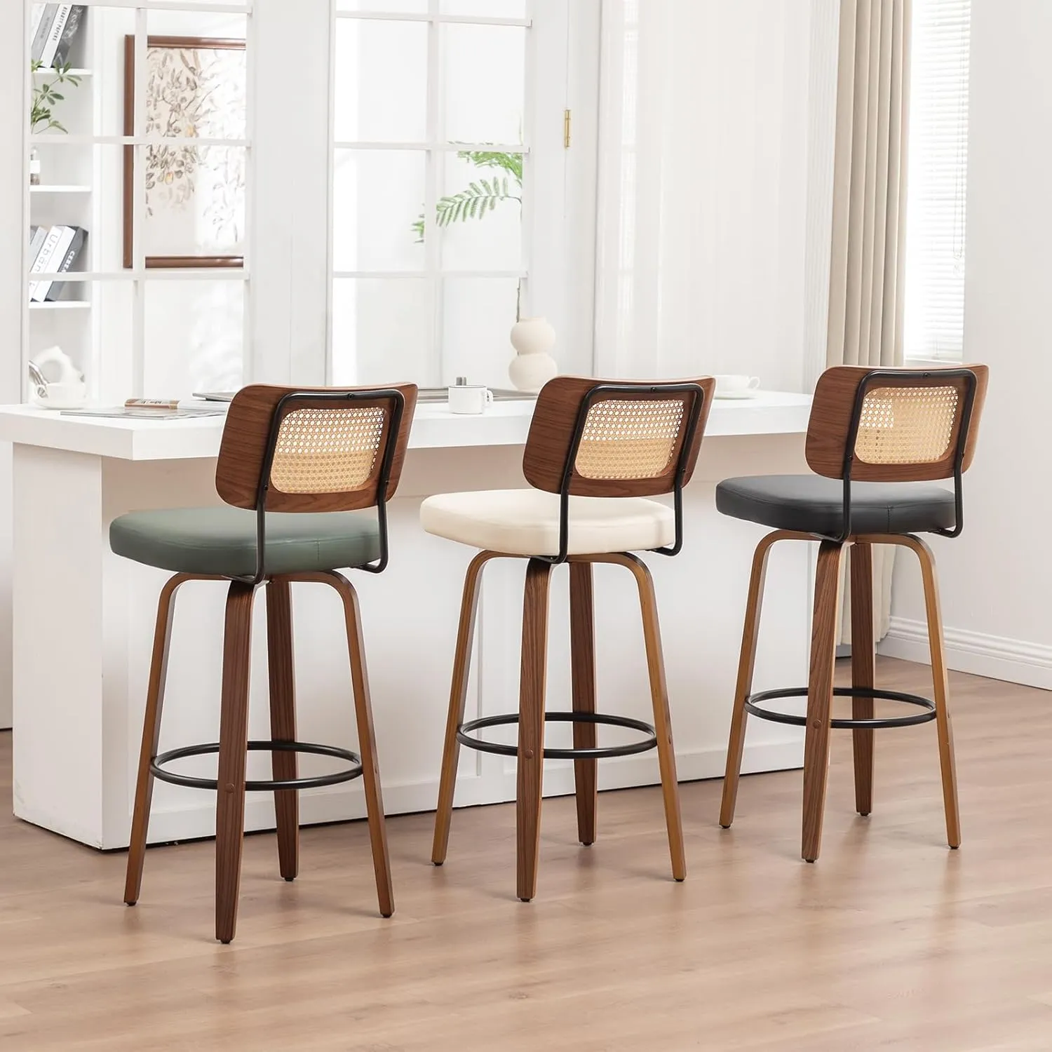 Swivel Counter Height Stools - 26 inch Counter Stools Set of 2 with Curved Rattan Back, Walnut Craftsmanship, Upholstered Seat, Counter Height Bar Stool for Island/Pub/Kitchen (26" Seat Height, Green)