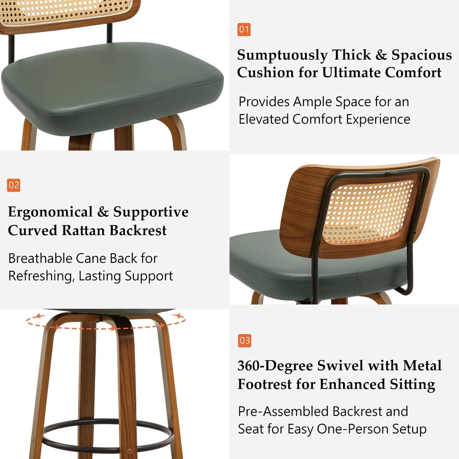 Swivel Counter Height Stools - 26 inch Counter Stools Set of 2 with Curved Rattan Back, Walnut Craftsmanship, Upholstered Seat, Counter Height Bar Stool for Island/Pub/Kitchen (26" Seat Height, Green)