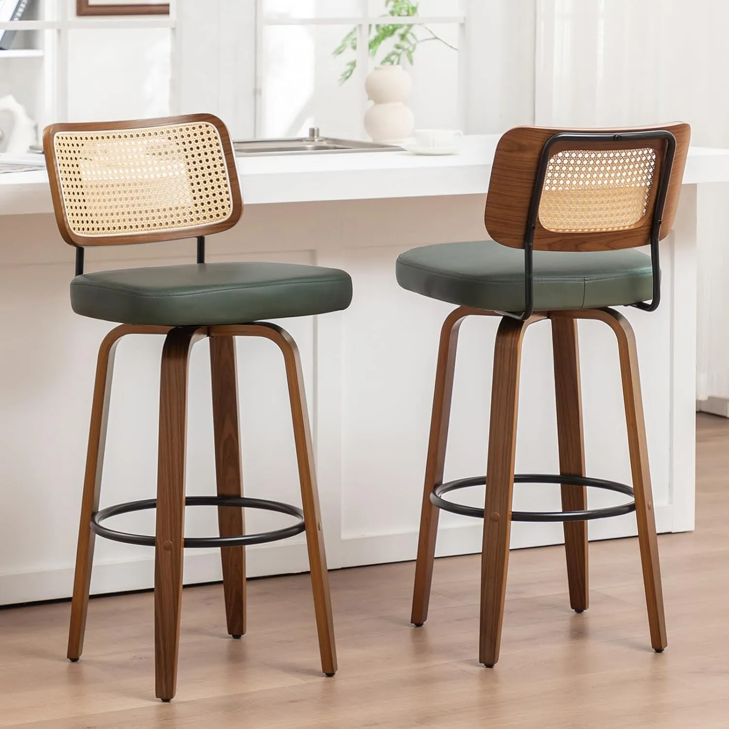 Swivel Counter Height Stools - 26 inch Counter Stools Set of 2 with Curved Rattan Back, Walnut Craftsmanship, Upholstered Seat, Counter Height Bar Stool for Island/Pub/Kitchen (26" Seat Height, Green)