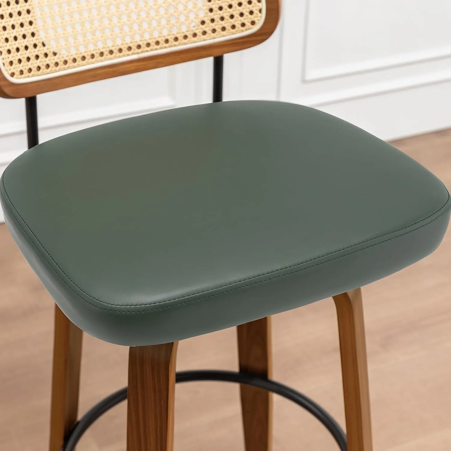 Swivel Counter Height Stools - 26 inch Counter Stools Set of 2 with Curved Rattan Back, Walnut Craftsmanship, Upholstered Seat, Counter Height Bar Stool for Island/Pub/Kitchen (26" Seat Height, Green)