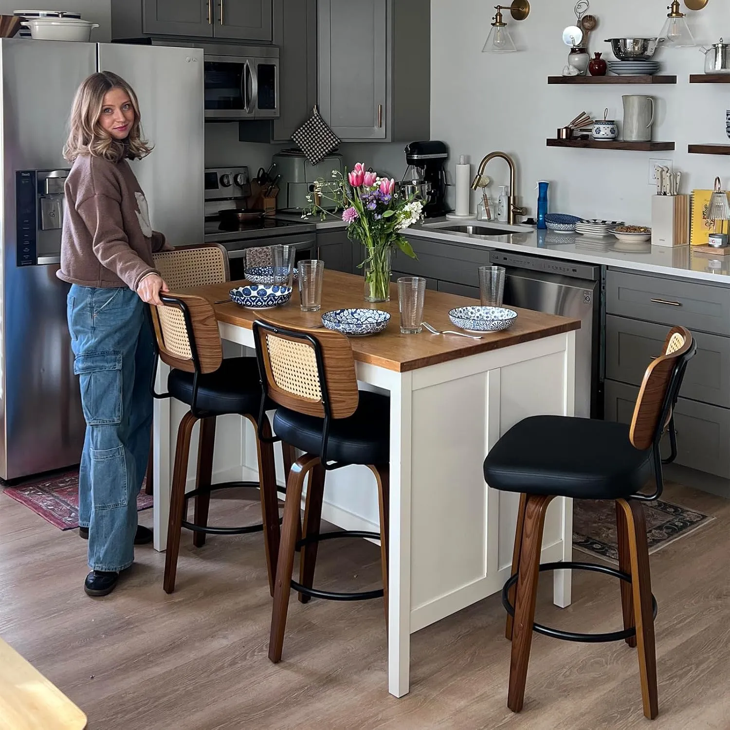 Swivel Counter Height Stools - 26 inch Counter Stools Set of 2 with Curved Rattan Back, Walnut Craftsmanship, Upholstered Seat, Counter Height Bar Stool for Island/Pub/Kitchen (26" Seat Height, Green)