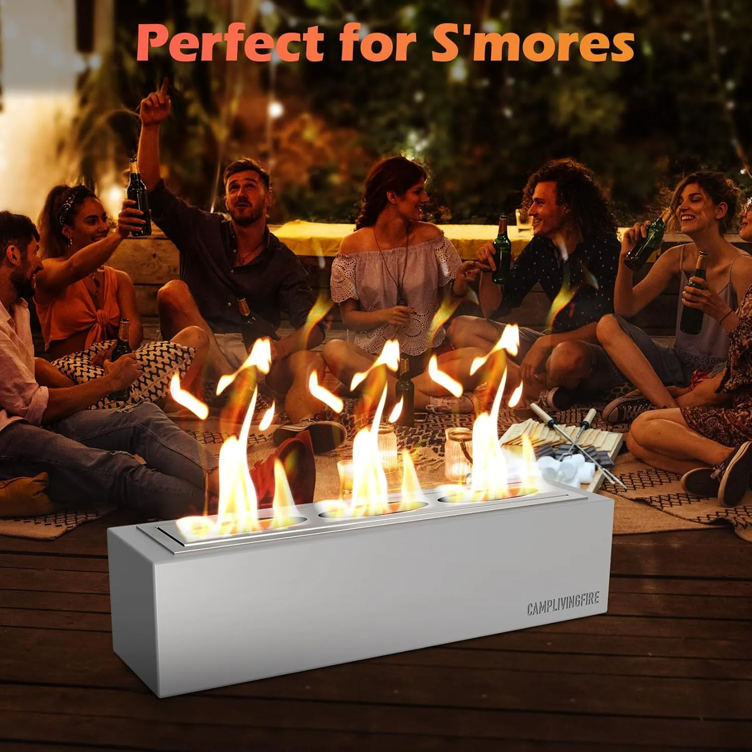 Tabletop Fire Pit with 4 Extendable Smores Sticks, Indoor Outdoor Fire Pit Table Top, Rectangle Tabletop Fireplace, Rubbing Alcohol Smores, Patio Decor Festive Gift - Gray