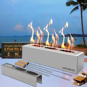 Tabletop Fire Pit with 4 Extendable Smores Sticks, Indoor Outdoor Fire Pit Table Top, Rectangle Tabletop Fireplace, Rubbing Alcohol Smores, Patio Decor Festive Gift - Gray