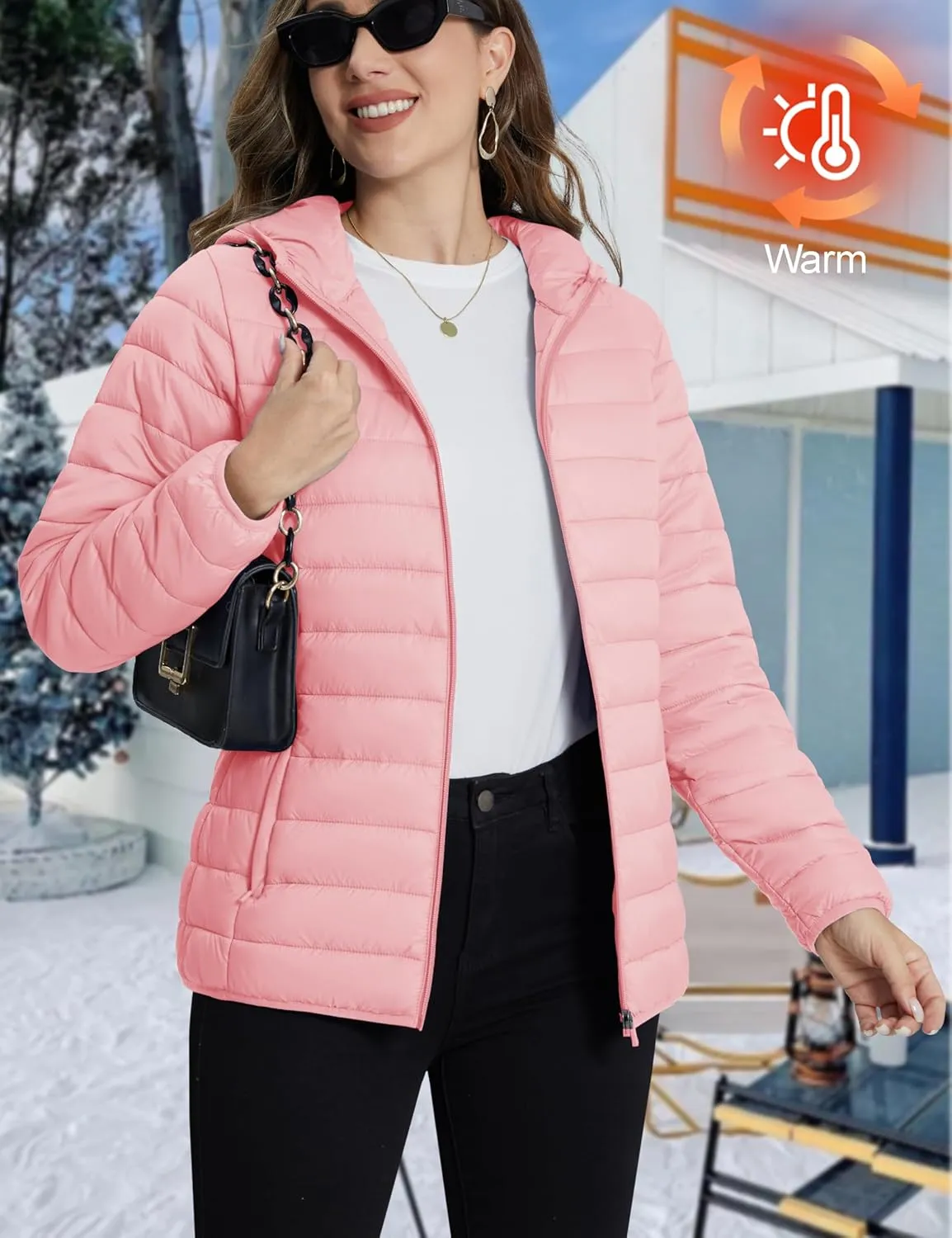 TACVASEN Women's Lightweight Puffer Jacket with Hood Pockets Quilted Padded Full-zip Winter Coat