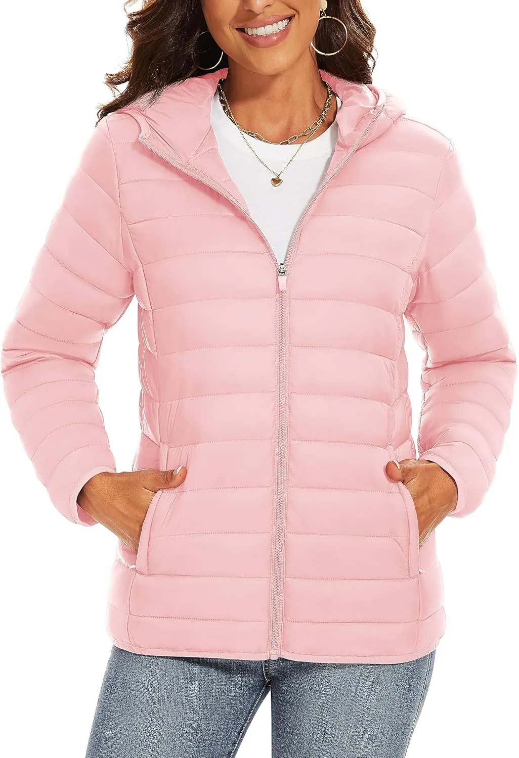 TACVASEN Women's Lightweight Puffer Jacket with Hood Pockets Quilted Padded Full-zip Winter Coat