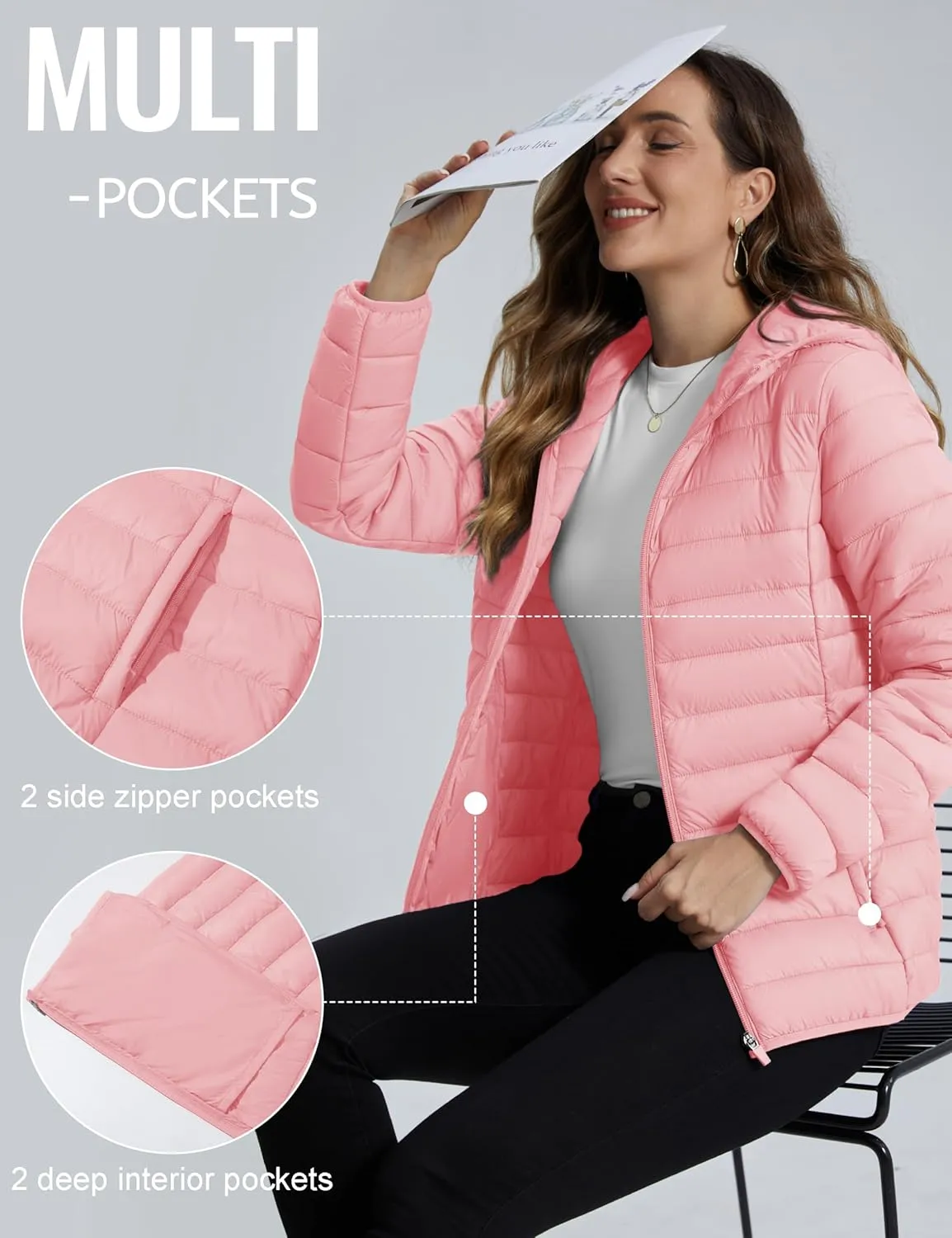 TACVASEN Women's Lightweight Puffer Jacket with Hood Pockets Quilted Padded Full-zip Winter Coat