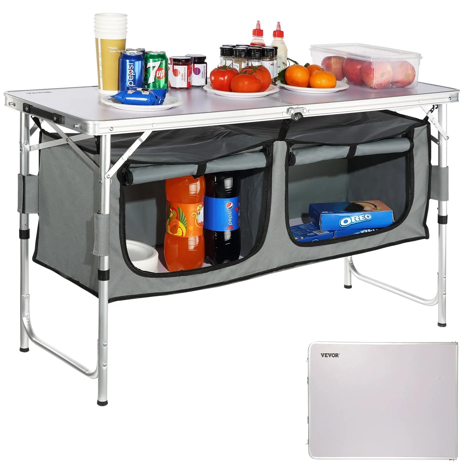 Tavolino Campeggio Argento Metallo Tessuto Alluminio Campeggio Camper Portatile Pieghevole Comodo Esterno