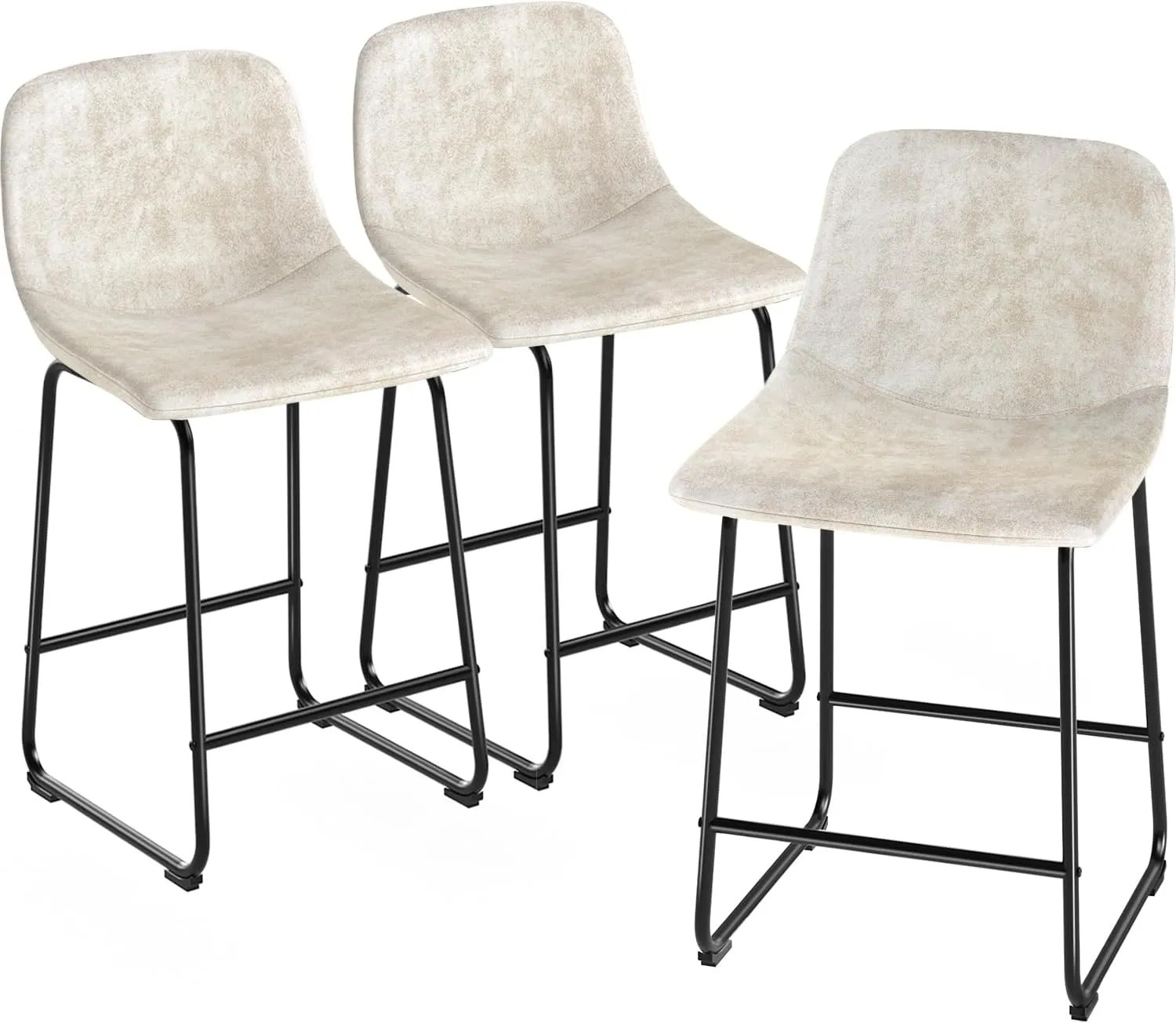 TAVR Furniture Leathaire Fabric Counter Chairs Set of 3, Beige Modern Counter Stool with Back and Footrest Height for Pub Coffee Home Dinning Kitchen