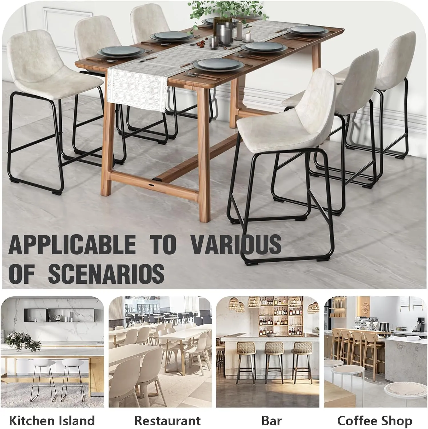 TAVR Furniture Leathaire Fabric Counter Chairs Set of 3, Beige Modern Counter Stool with Back and Footrest Height for Pub Coffee Home Dinning Kitchen