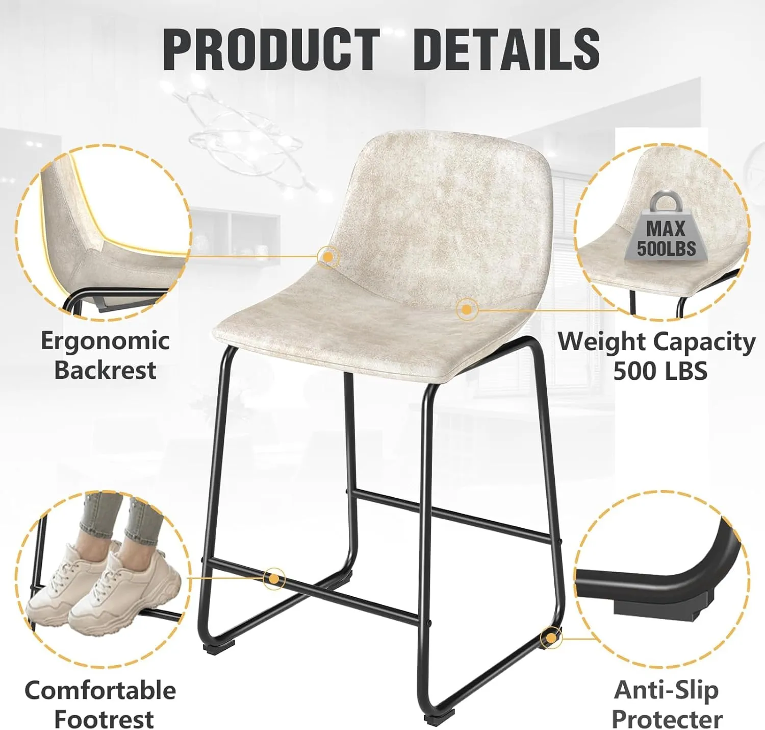 TAVR Furniture Leathaire Fabric Counter Chairs Set of 3, Beige Modern Counter Stool with Back and Footrest Height for Pub Coffee Home Dinning Kitchen