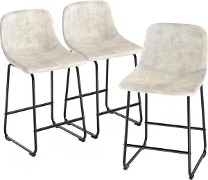 TAVR Furniture Leathaire Fabric Counter Chairs Set of 3, Beige Modern Counter Stool with Back and Footrest Height for Pub Coffee Home Dinning Kitchen