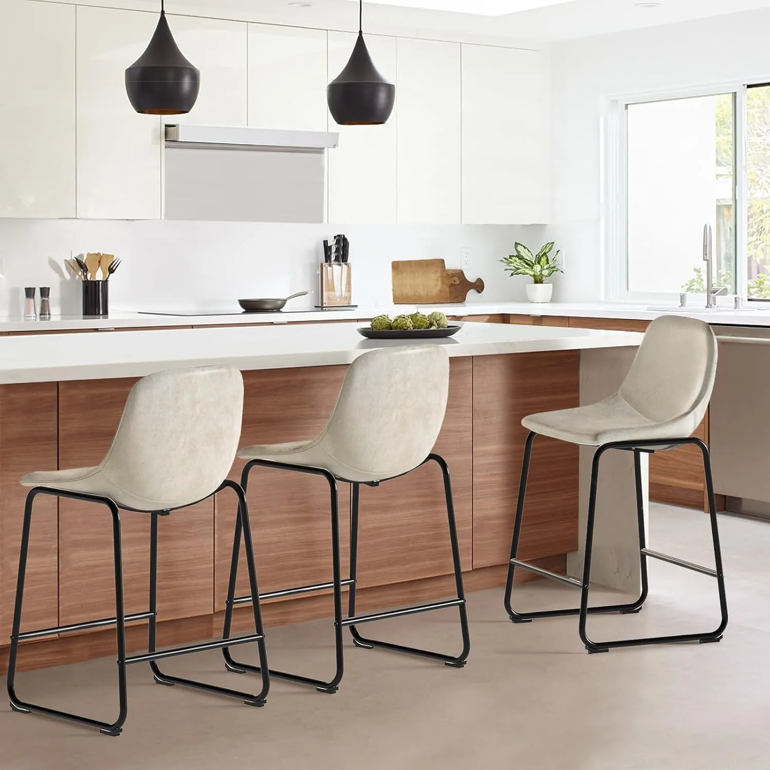 TAVR Furniture Leathaire Fabric Counter Chairs Set of 3, Beige Modern Counter Stool with Back and Footrest Height for Pub Coffee Home Dinning Kitchen