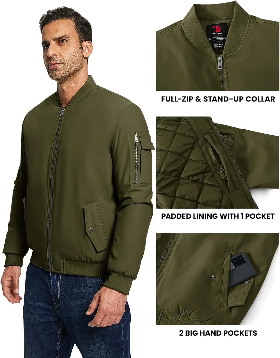 TBMPOY Men's Bomber Jacket Lightweight Winter Windbreaker Zip Up Padded Softshell Windproof Water-Resistant Casual Fall Coat
