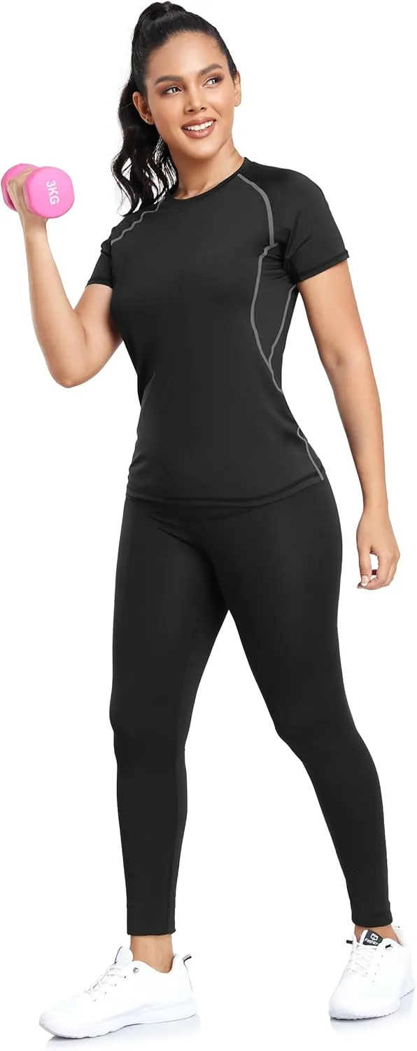 TELALEO 4 Pack Women's Compression Shirt Running Athletic T-Shirts Workout Tops Baselayer Short Sleeve Yoga Gym Sports Gear