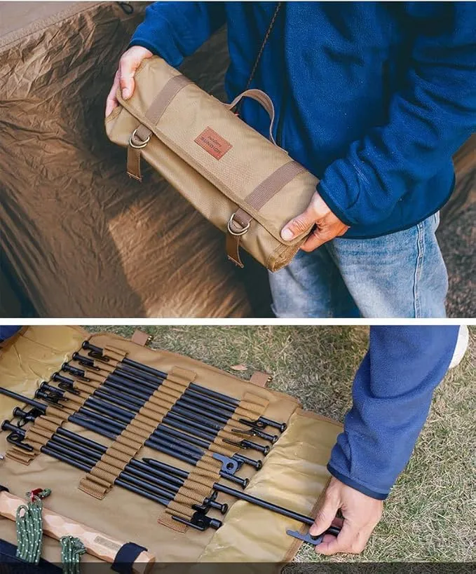 Tent Stakes Storage Bag Max 14.96"/38cm in Length Color Khaki, Suitable for Camping Hammer Set