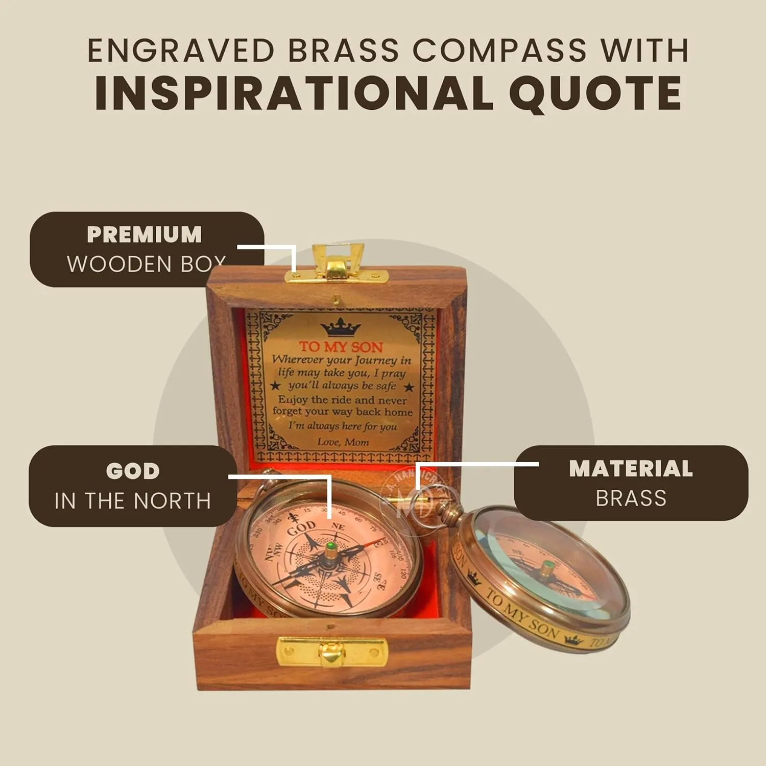 to My Son Engraved Brass Compass with Wooden Box | Gift for Son & Grandson | Graduation, Birthday, Baptism, Confirmation & First Communion Keepsake