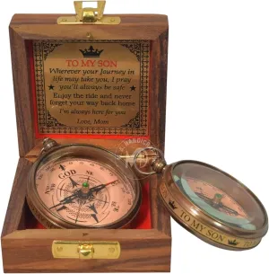 to My Son Engraved Brass Compass with Wooden Box | Gift for Son & Grandson | Graduation, Birthday, Baptism, Confirmation & First Communion Keepsake