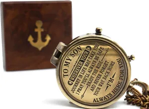 to My Son Never Forget That I Love You Motivational Gift Inspirational Quote Engraved Handmade Compass Boy’s Room Décor Graduation Back to School Birthday Sentimental Gift for Son from Mom and Dad