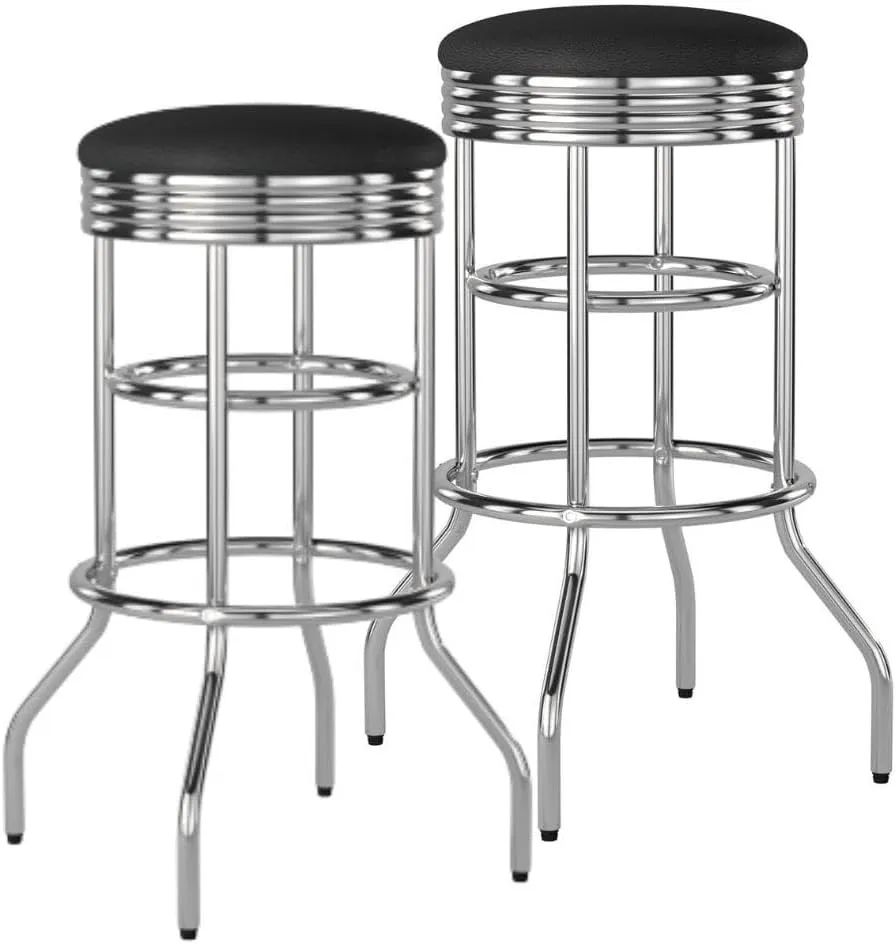 TRINITY Heavy Duty 30-Inch Backless Swivel Bar Stool for Kitchen, Garage, or Workshop, Chrome Finish with Faux Leather Seat, 2 Pack, Black