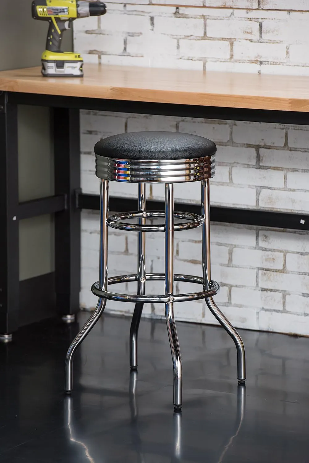TRINITY Heavy Duty 30-Inch Backless Swivel Bar Stool for Kitchen, Garage, or Workshop, Chrome Finish with Faux Leather Seat, 2 Pack, Black