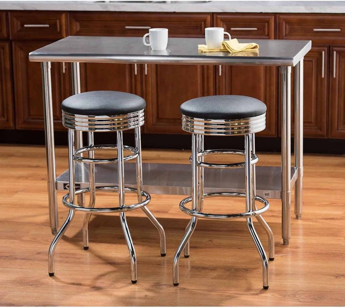 TRINITY Heavy Duty 30-Inch Backless Swivel Bar Stool for Kitchen, Garage, or Workshop, Chrome Finish with Faux Leather Seat, 2 Pack Pre-Assembled, Black
