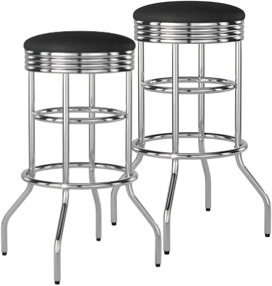 TRINITY Heavy Duty 30-Inch Backless Swivel Bar Stool for Kitchen, Garage, or Workshop, Chrome Finish with Faux Leather Seat, 2 Pack Pre-Assembled, Black