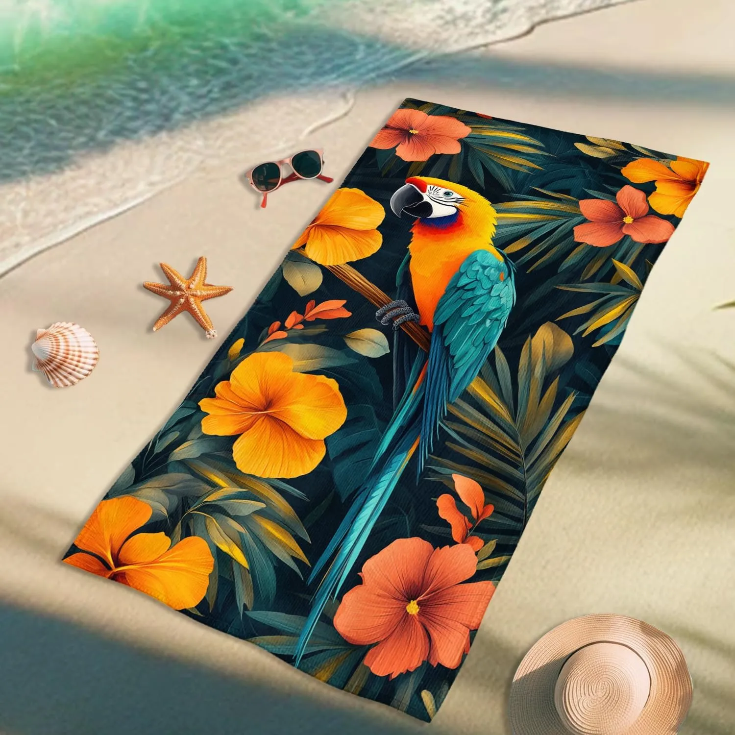 Tropical Macaw Floral Beach Towel Vibrant Orchid Hibiscus Microfiber, Quick Dry Soft Sand Free Lightweight Bath Towel for Summer Travel Pool Gym Outdoor Picnic Essentials 62x31 Inch