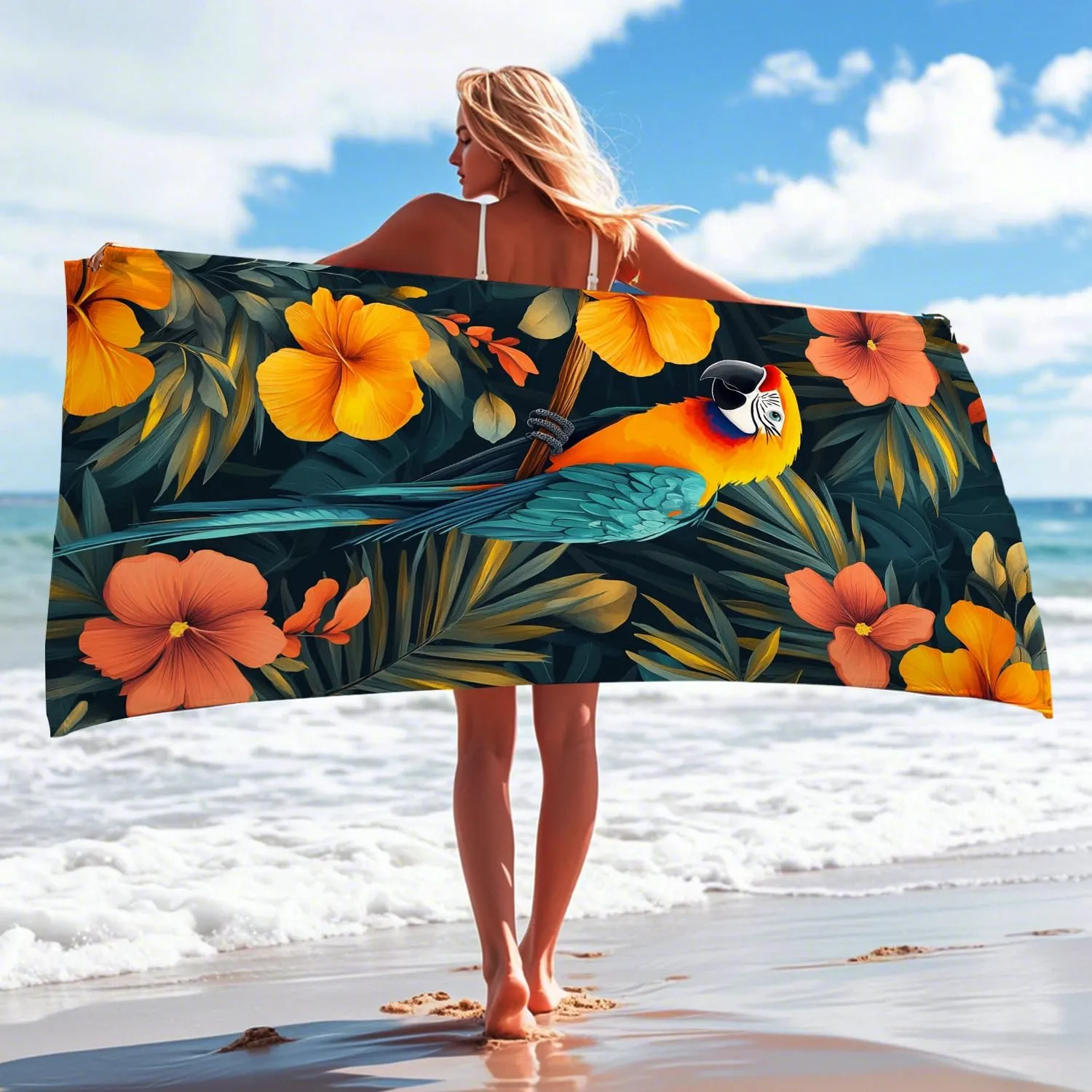 Tropical Macaw Floral Beach Towel Vibrant Orchid Hibiscus Microfiber, Quick Dry Soft Sand Free Lightweight Bath Towel for Summer Travel Pool Gym Outdoor Picnic Essentials 62x31 Inch
