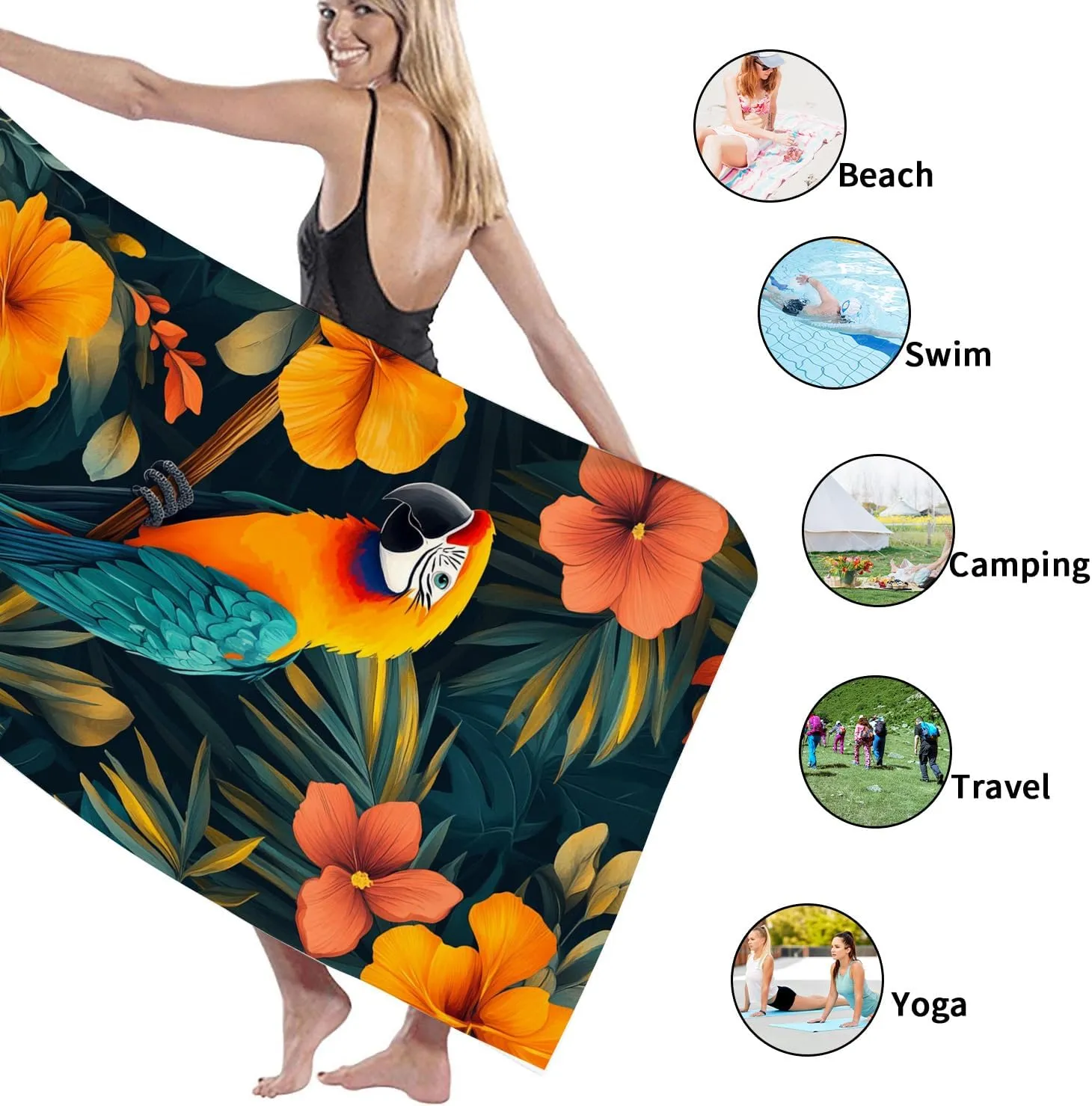 Tropical Macaw Floral Beach Towel Vibrant Orchid Hibiscus Microfiber, Quick Dry Soft Sand Free Lightweight Bath Towel for Summer Travel Pool Gym Outdoor Picnic Essentials 62x31 Inch