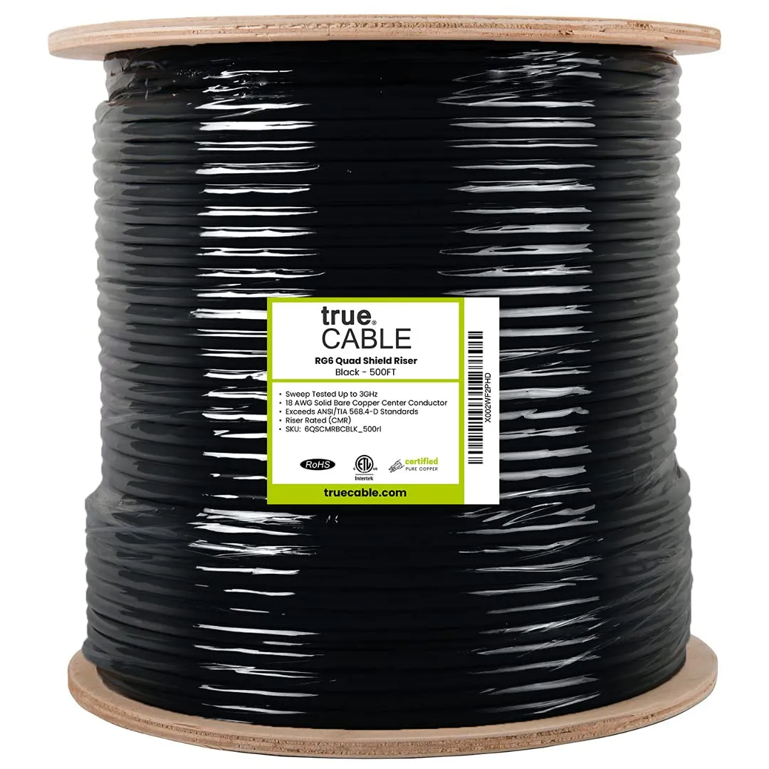 trueCABLE RG6 Quad Shield Coax, 500ft, Black, Riser Rated (CMR/CATVR/CL2), Bare Copper Conductor Coaxial Cable, 3GHz Sweep Tested