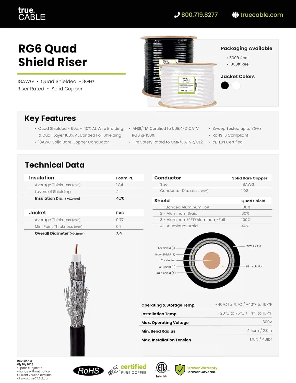 trueCABLE RG6 Quad Shield Coax, 500ft, Black, Riser Rated (CMR/CATVR/CL2), Bare Copper Conductor Coaxial Cable, 3GHz Sweep Tested