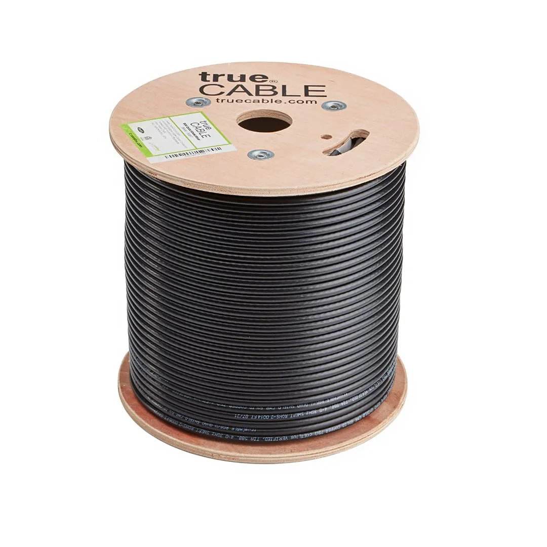 trueCABLE RG6 Quad Shield Coax, 500ft, Black, Riser Rated (CMR/CATVR/CL2), Bare Copper Conductor Coaxial Cable, 3GHz Sweep Tested