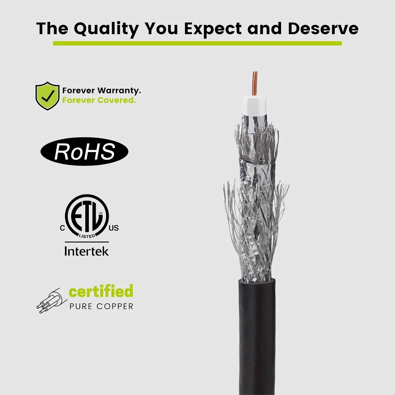 trueCABLE RG6 Quad Shield Coax, 500ft, Black, Riser Rated (CMR/CATVR/CL2), Bare Copper Conductor Coaxial Cable, 3GHz Sweep Tested