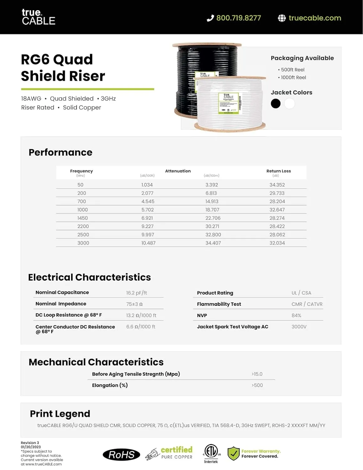 trueCABLE RG6 Quad Shield Coax, 500ft, Black, Riser Rated (CMR/CATVR/CL2), Bare Copper Conductor Coaxial Cable, 3GHz Sweep Tested