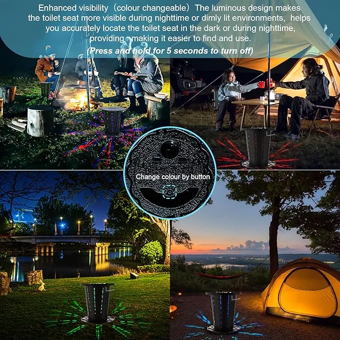 Upgrade Retractable Portable Toilet Folding Camping Toilet with Lights,Foldable Travel Toilet with Carrying Handle, Fixed Latch,Toilet Paper Holder,Adjustable Height Porta Potty for Camping, Hiking
