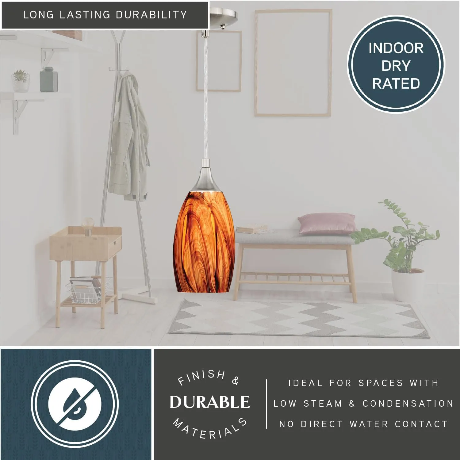 VAXCEL Milano Satin Nickel Mini Pendant Ceiling Light Amber Fire Glass