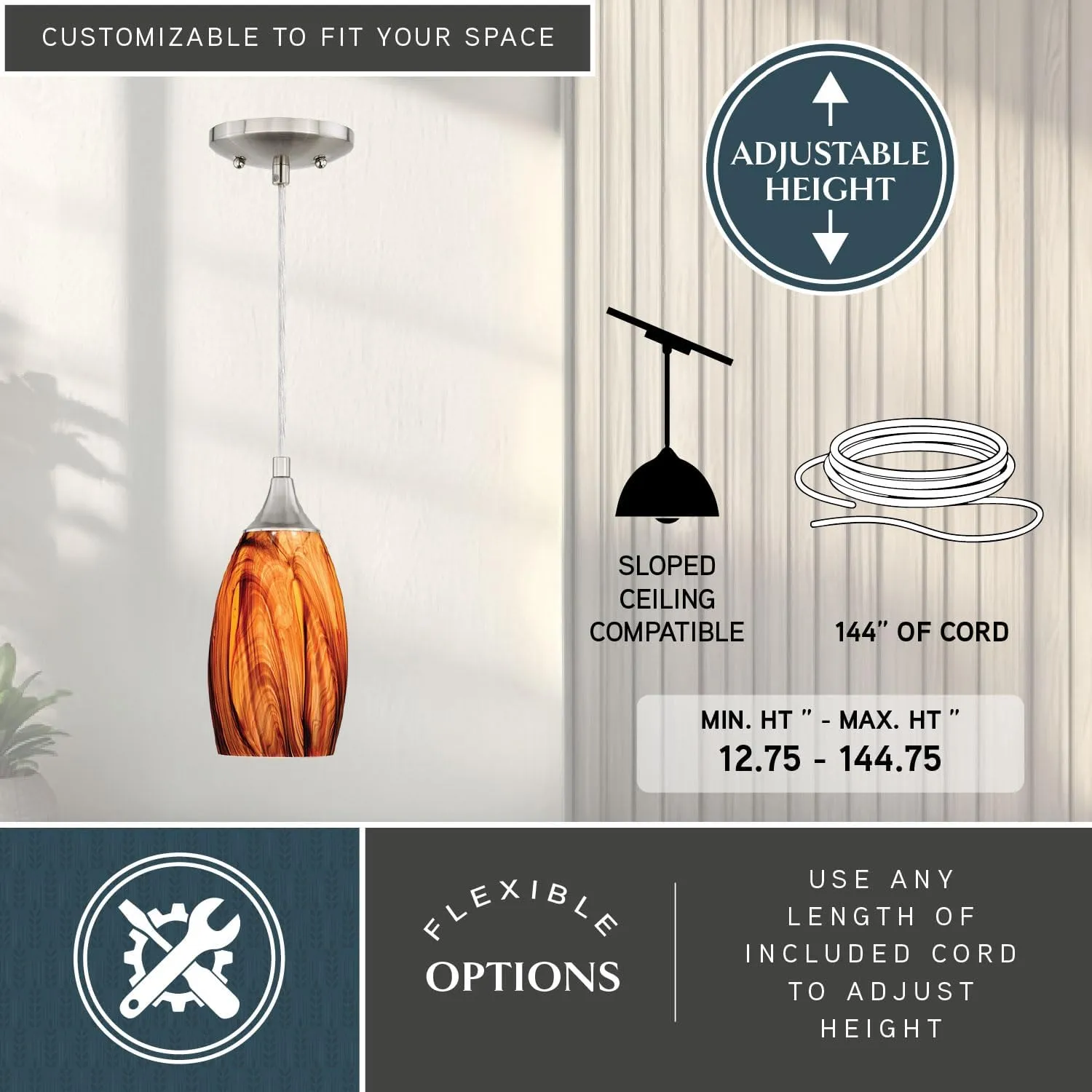 VAXCEL Milano Satin Nickel Mini Pendant Ceiling Light Amber Fire Glass