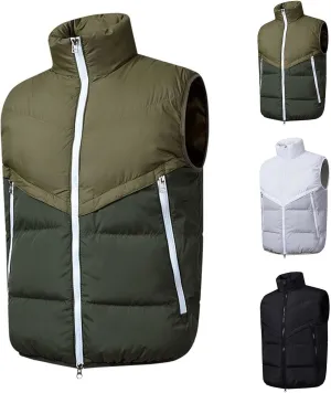 Vest for Men Stand Collar Zip Up Color Block Padded Jacket Thicken Warm Winter Casual Outdoor Sports Vest with Pocket