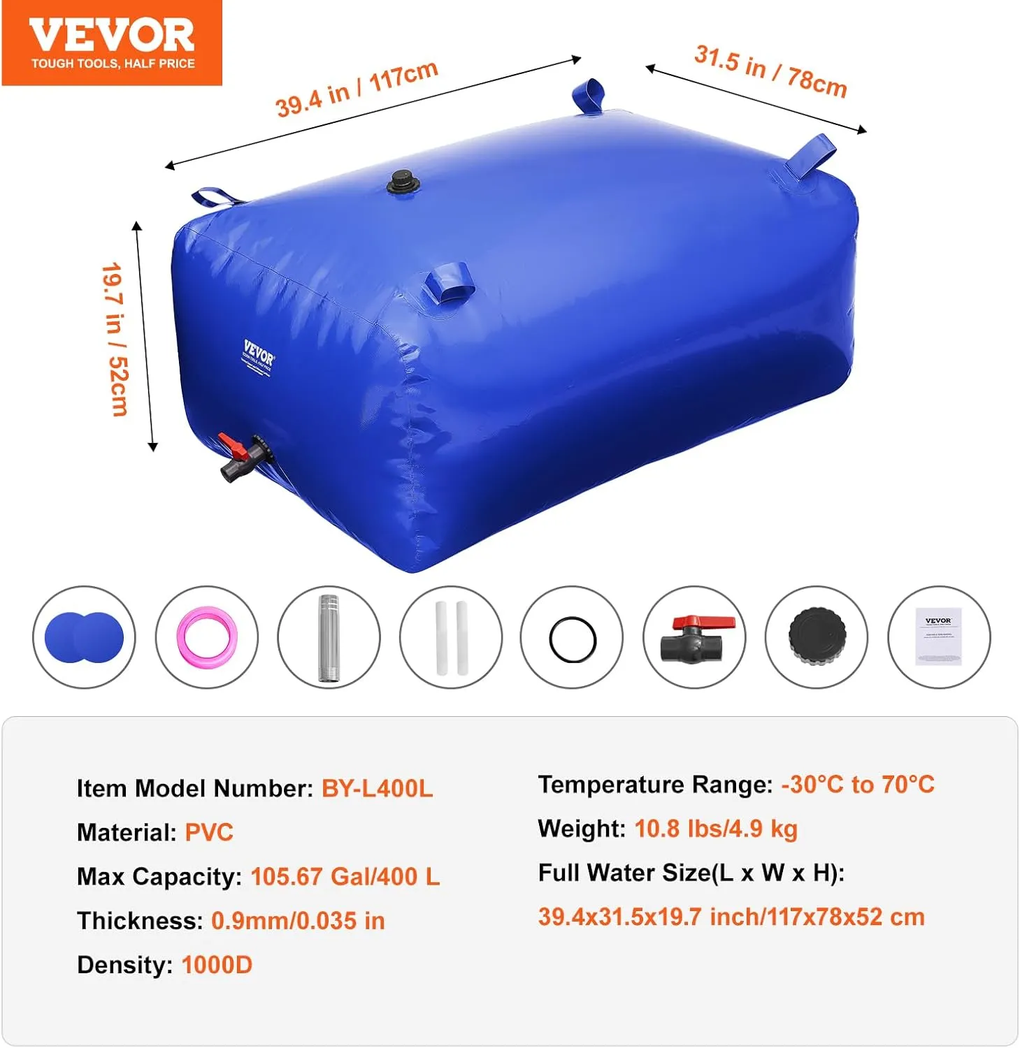 VEVOR 400L/105.7Gallon Water Storage Bladder, RV Tank, 1000D Blue PVC Collapsible Container, Large Capacity Soft Bag, Portable Bladder for Fire Prevention, Camping