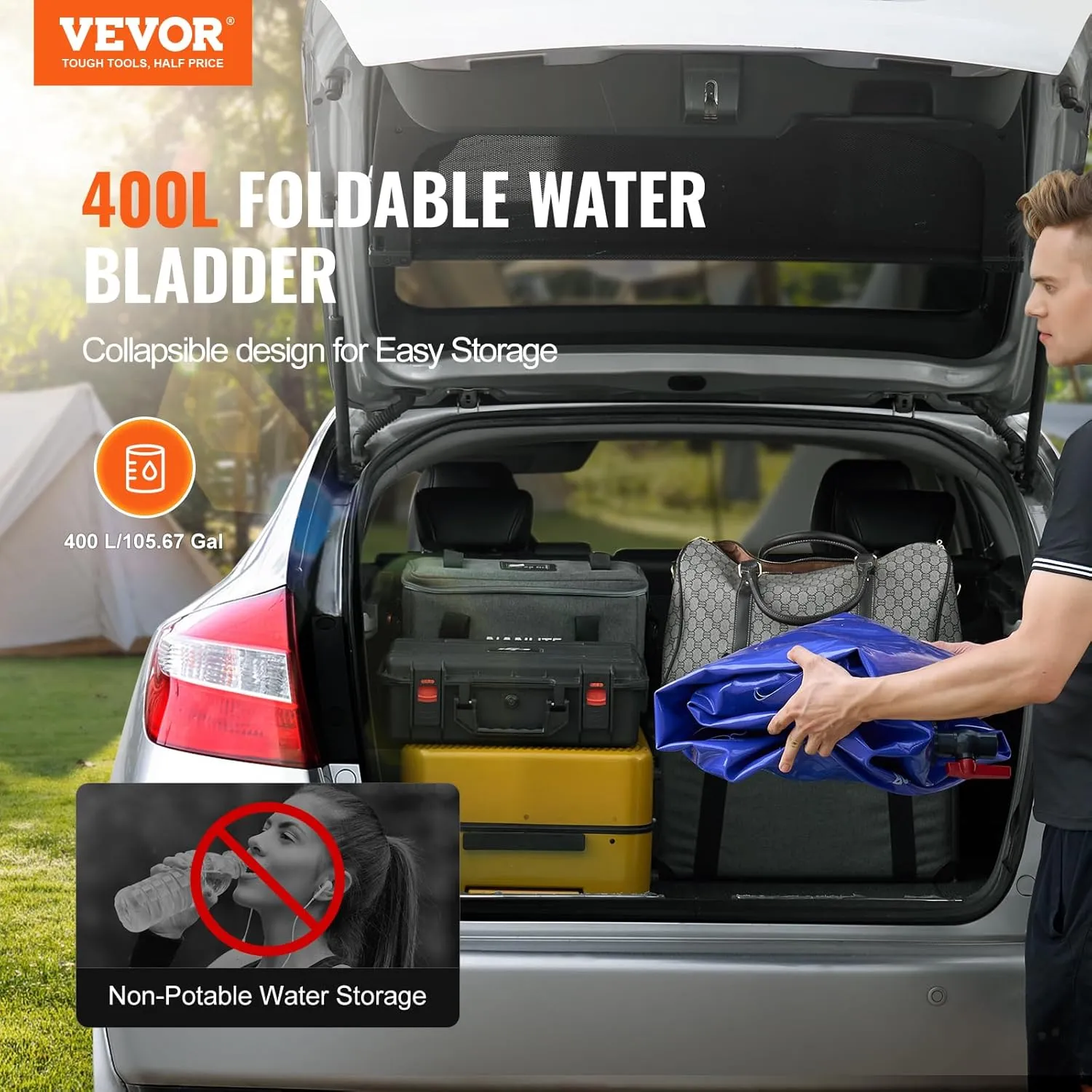 VEVOR 400L/105.7Gallon Water Storage Bladder, RV Tank, 1000D Blue PVC Collapsible Container, Large Capacity Soft Bag, Portable Bladder for Fire Prevention, Camping