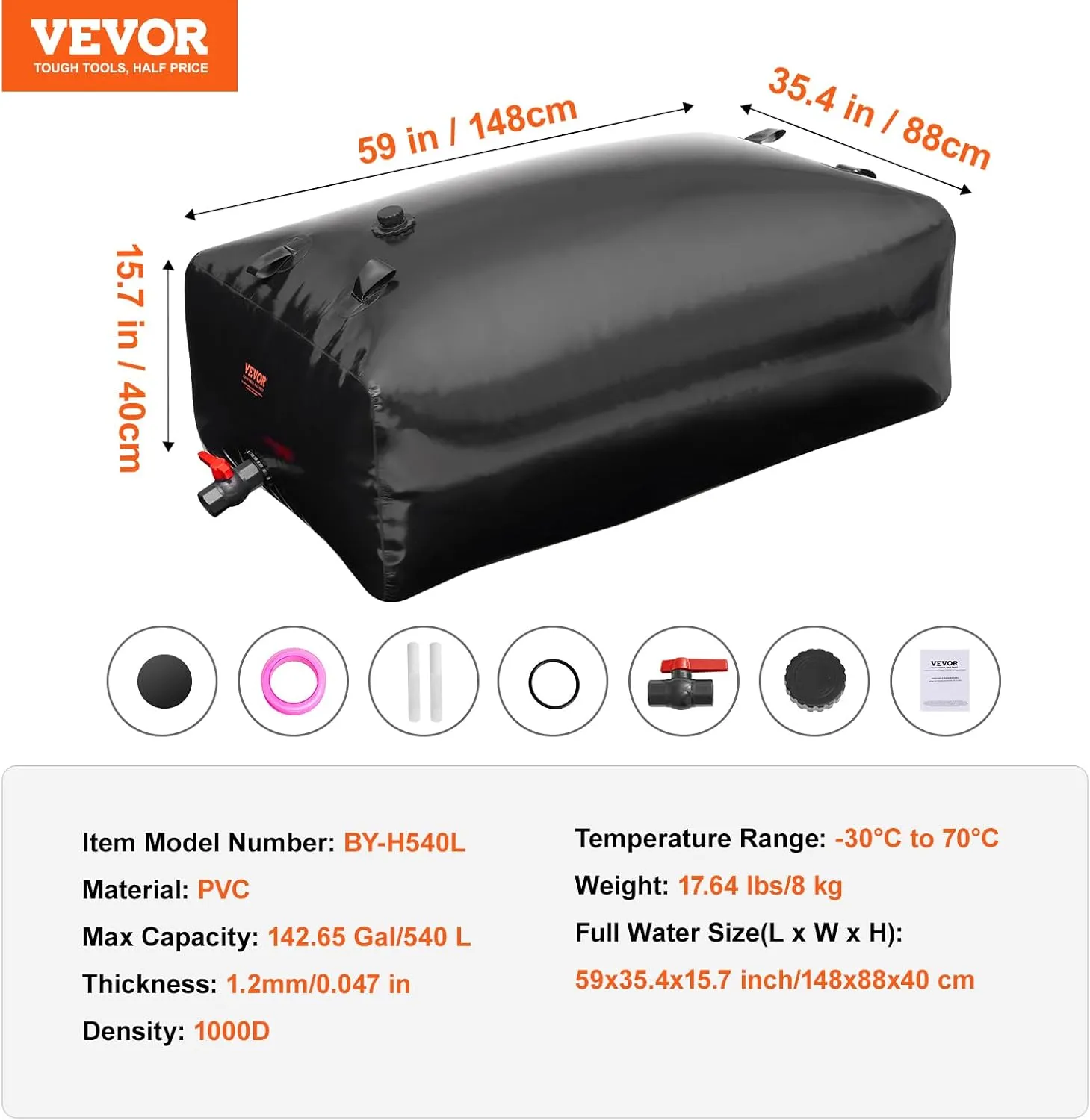 VEVOR 540L/142.7 Gallon Water Storage Bladder, RV Water Tank, 1000D PVC Collapsible Water Storage Containers, Large Capacity Soft Water Bag, Portable Water Bladder, Fire Prevention, Camping, Emergency