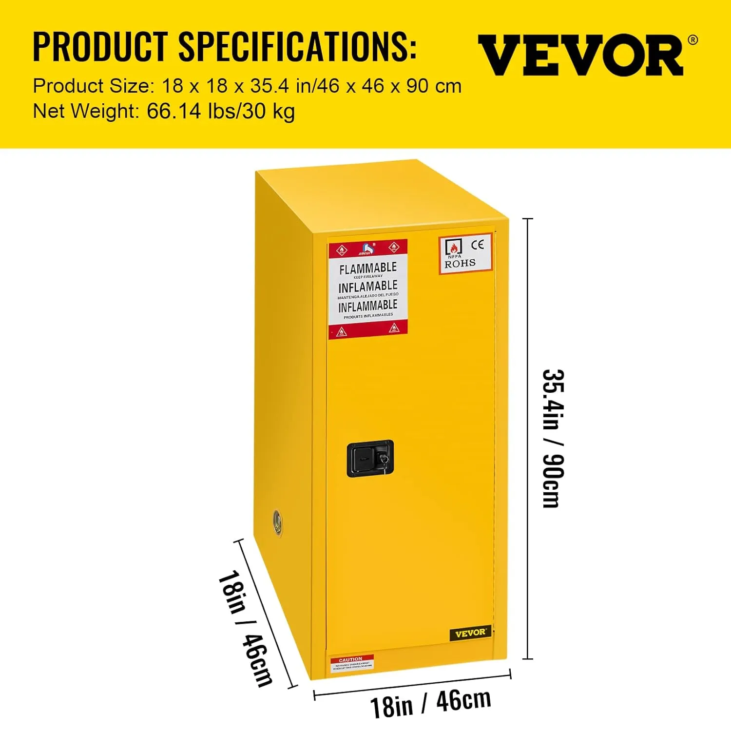 Vevor Flammable Cabinet 18" x 18" x 35", Galvanized Steel Safety Cabinet, Adjustable Shelf Flammable Storage Cabinet, for Commercial Industrial and Home Use, Yellow: Industrial & Scientific