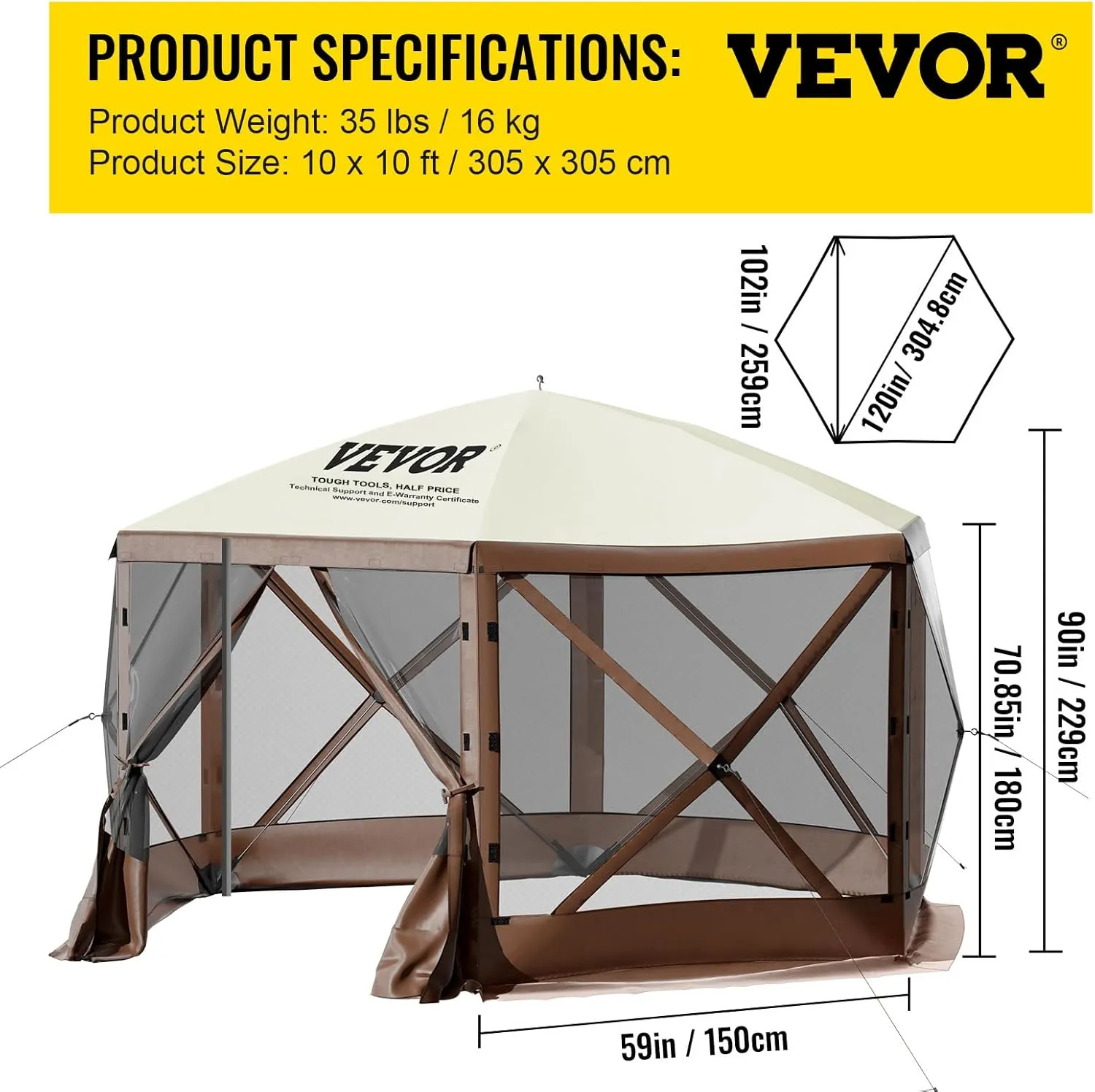 VEVOR Pop Up Gazebo Screen Tent, Pop-Up Instant Gazebo Tents with Mosquito Netting Outdoor Canopy, 6 Sided Sun Shelter 10x10ft with 6 Removable Wind Cloths & 2 Mesh Windows, Pavilion Tent for Patio