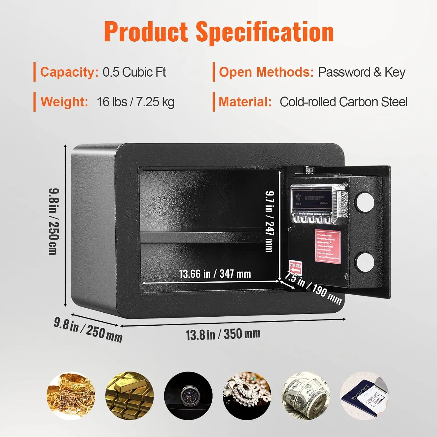 VEVOR Safe Box with Digital Keypad and 2 Keys, 0.5 Cubic Feet, Steel Security, Cabinet with Fire-proof Bag, Protect Cash, Gold, Jewelry, for Home, Hotel,13.8"Wx9.8"Dx9.8"H