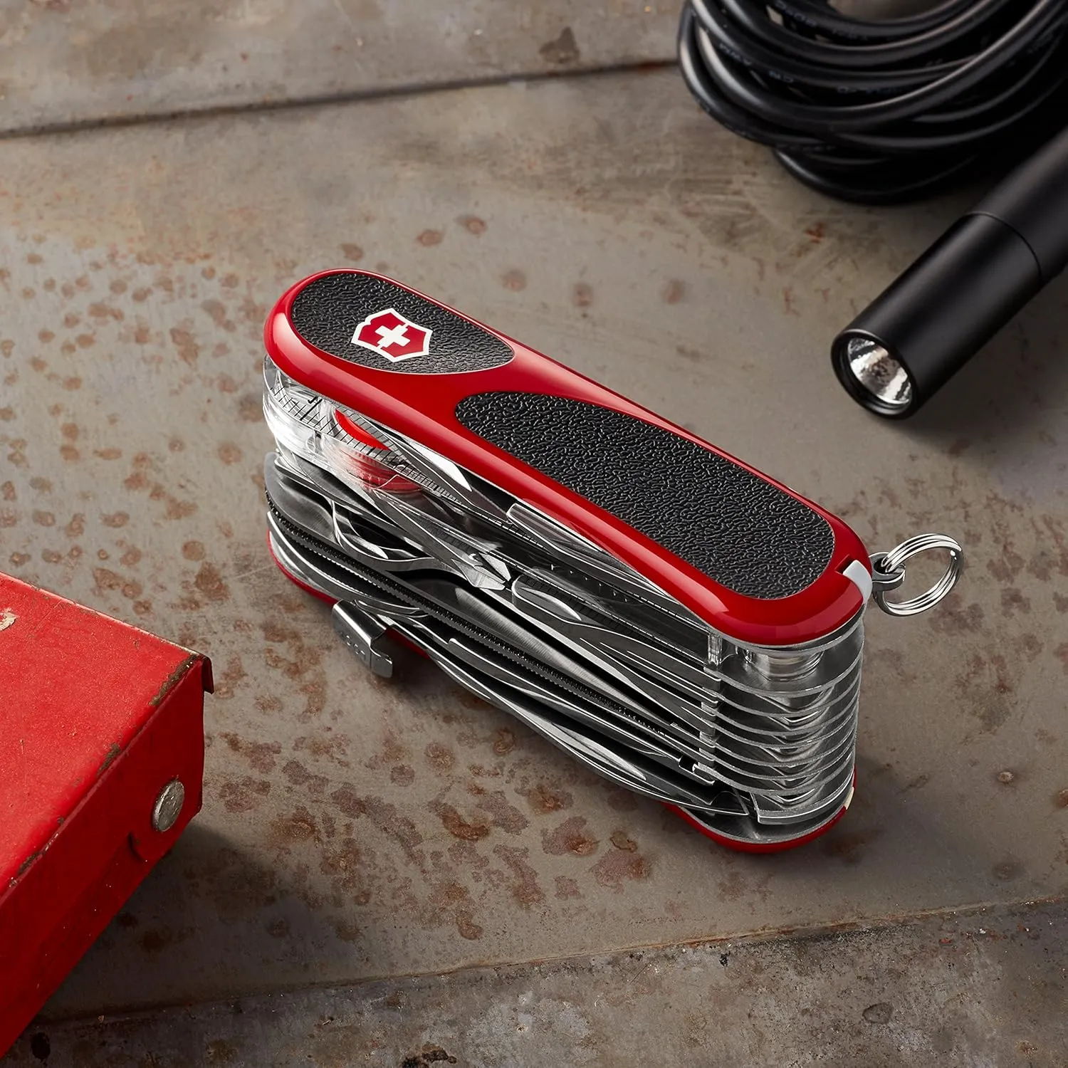 Victorinox Evolution S54 Grip Swiss Army Knife, 32 Functions, Swiss Made Pocket Knife with Large Blade, Screwdriver and Rotating Compass - Red/Black