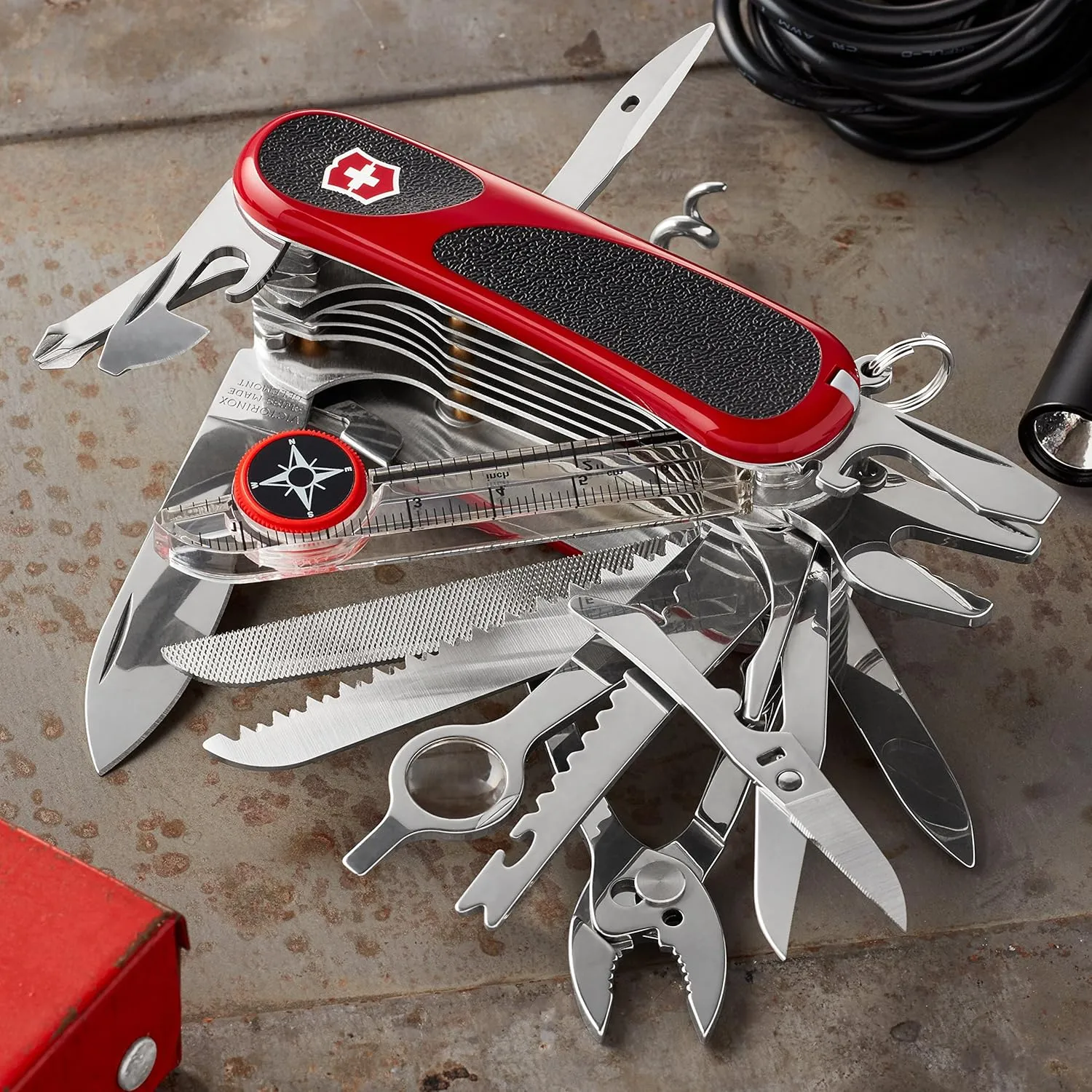 Victorinox Evolution S54 Grip Swiss Army Knife, 32 Functions, Swiss Made Pocket Knife with Large Blade, Screwdriver and Rotating Compass - Red/Black