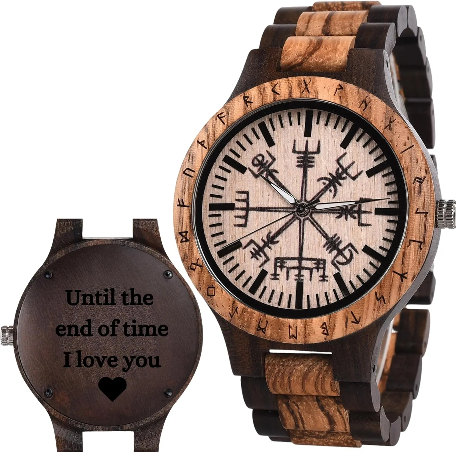 Vikingenes – Wooden Watches for Men, Engraved Wood Watch, Personalized Men's Gift, Viking Watches, Natural Wood Wristwatch, Luxury Wooden Chronograph, Custom Engraved Watch, Unique Gift for Men