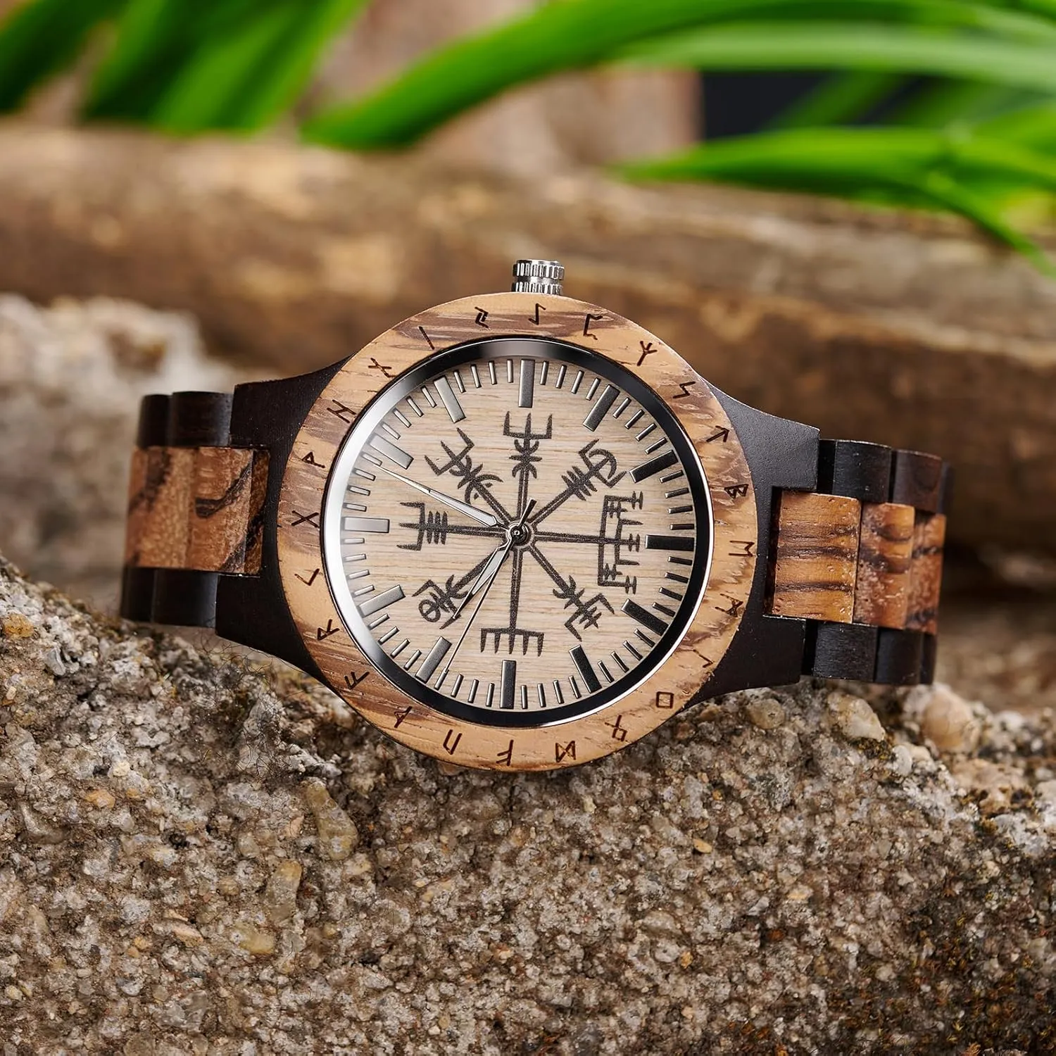 Vikingenes – Wooden Watches for Men, Engraved Wood Watch, Personalized Men's Gift, Viking Watches, Natural Wood Wristwatch, Luxury Wooden Chronograph, Custom Engraved Watch, Unique Gift for Men