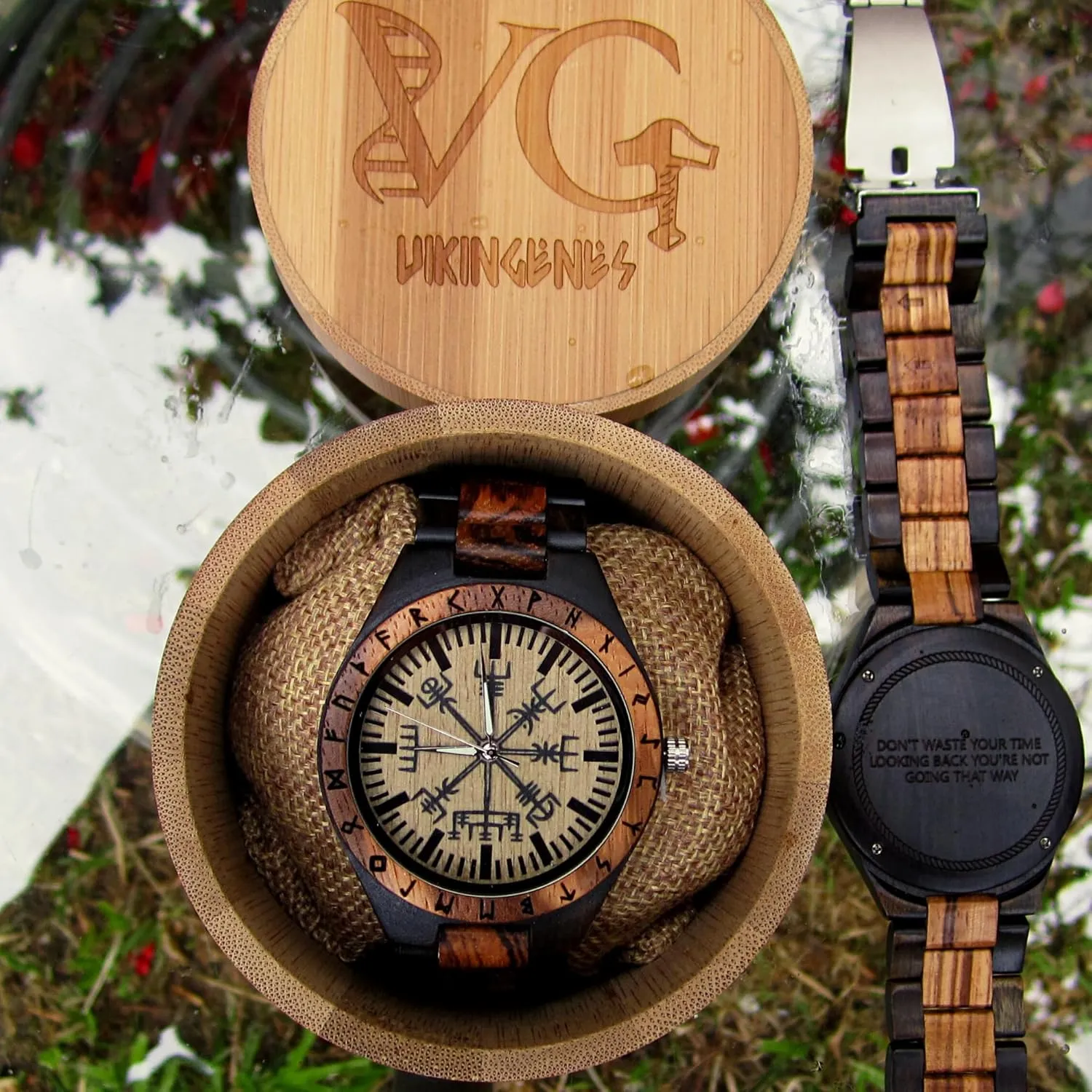 Vikingenes – Wooden Watches for Men, Engraved Wood Watch, Personalized Men's Gift, Viking Watches, Natural Wood Wristwatch, Luxury Wooden Chronograph, Custom Engraved Watch, Unique Gift for Men