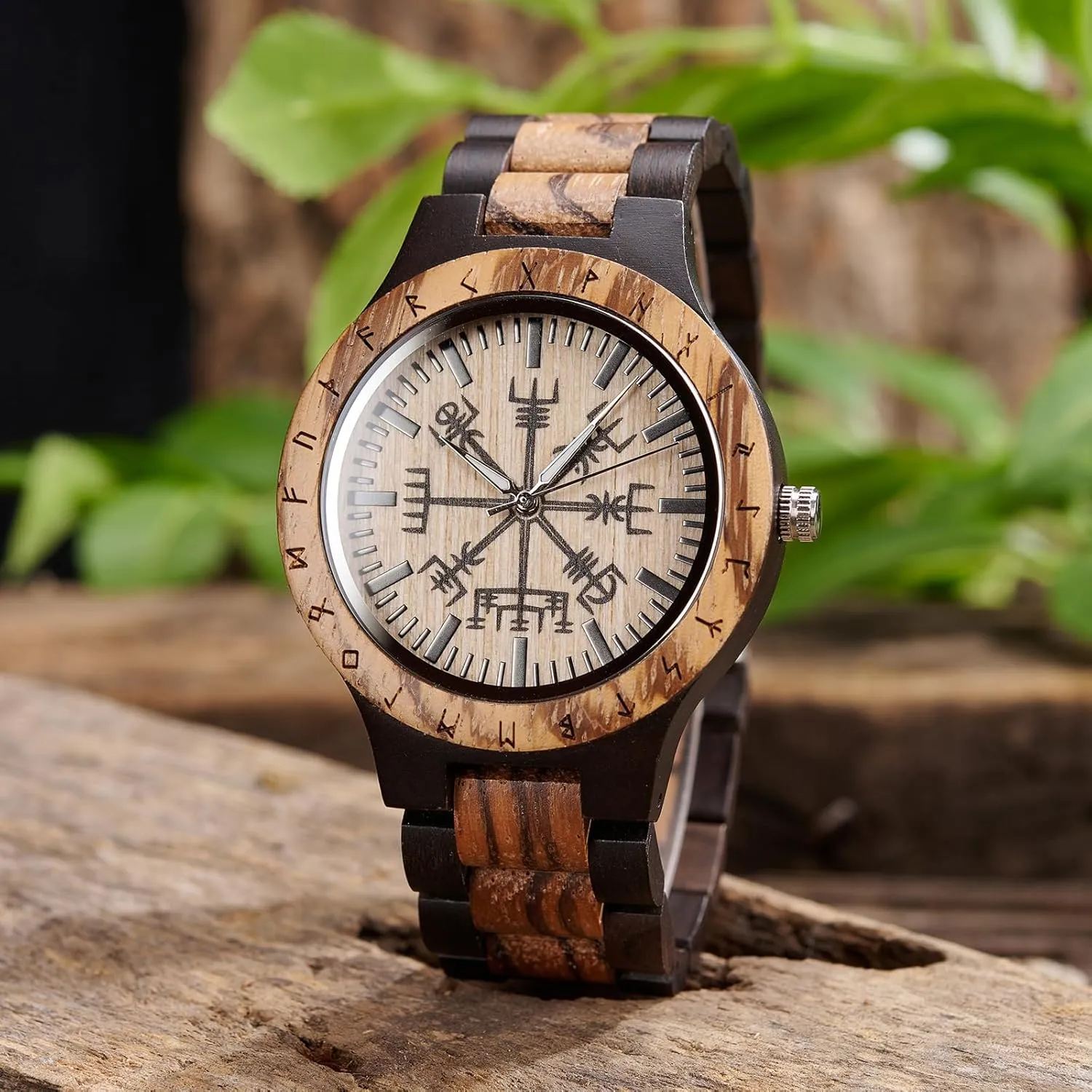 Vikingenes – Wooden Watches for Men, Engraved Wood Watch, Personalized Men's Gift, Viking Watches, Natural Wood Wristwatch, Luxury Wooden Chronograph, Custom Engraved Watch, Unique Gift for Men